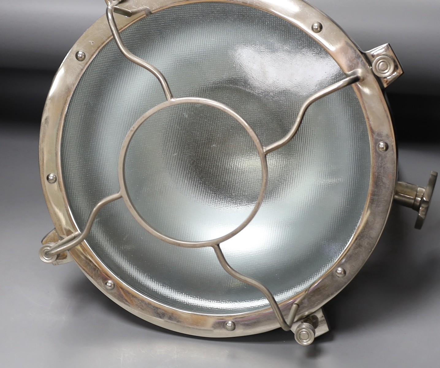 A contemporary industrial style ceiling light, approx 62cm high